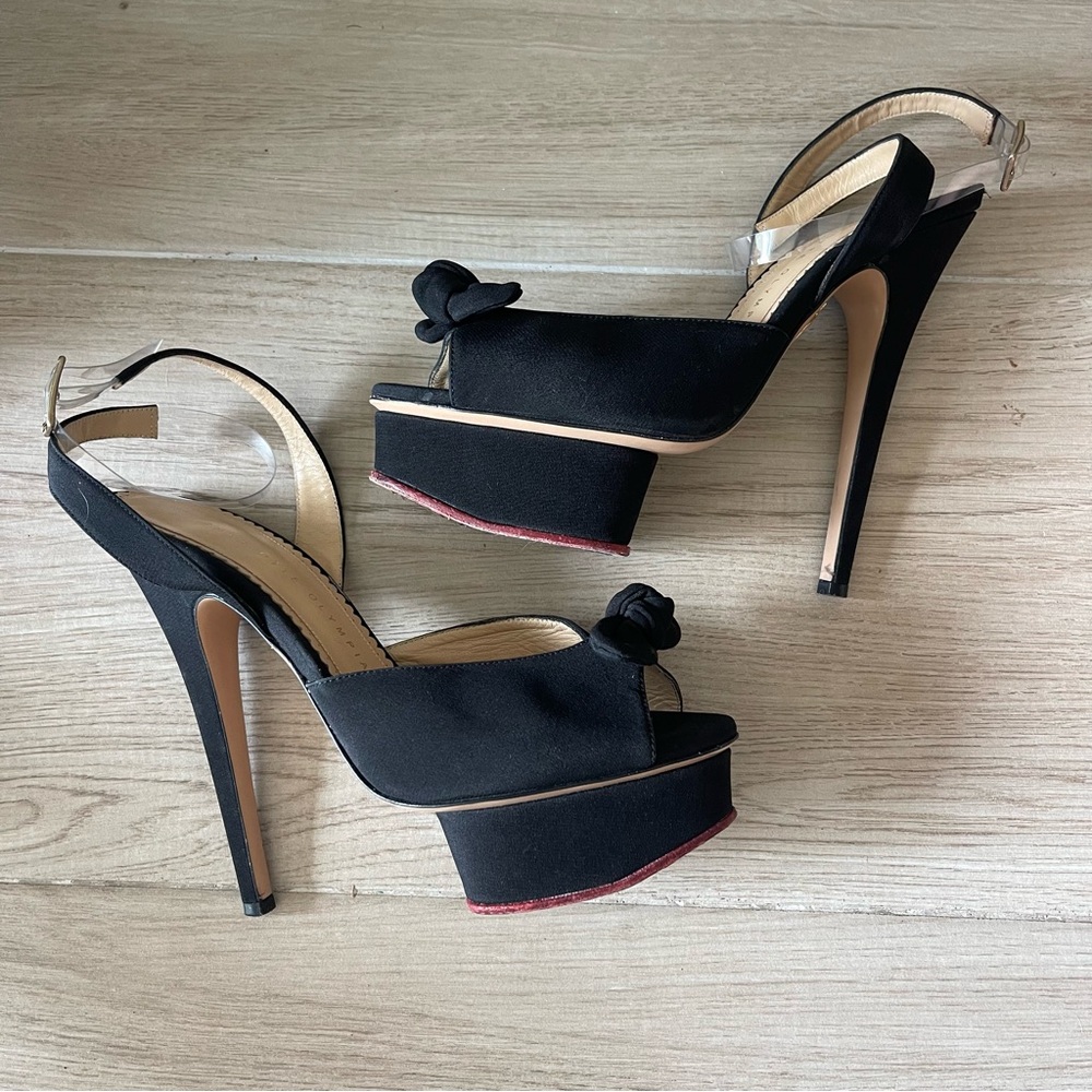 Charlotte Olympia Black Satin Serena Bow Platform Sandals Size 38